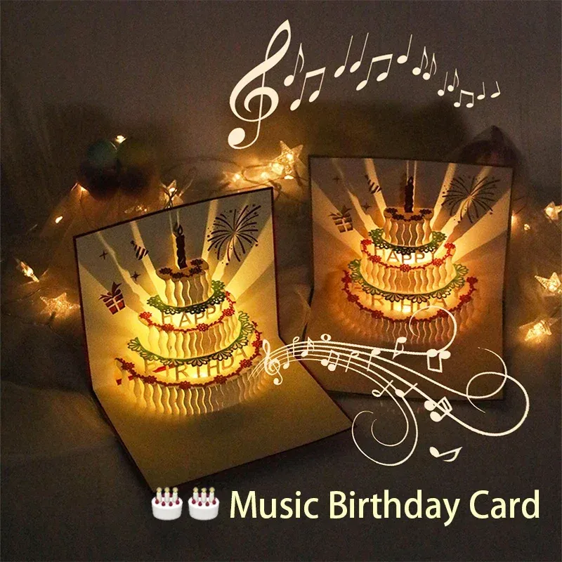 3D-Geburtstagskarte mit leichter Musik, Pop-Up-Kuchen, kreative Grußkarte, alles Gute zum Geburtstag, Party, Geschenk, Nachrichtenkarten