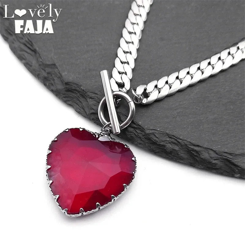 Goth Punk Rotes Herz Halskette Halsband für Frauen Edelstahl Silber Farbe Glas Anhänger Schlüsselbein Kette Halsketten Schmuck NXS03