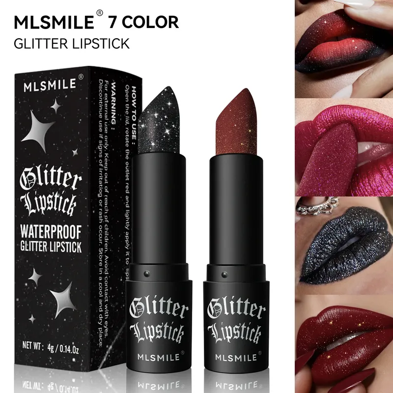 7 farben Glitter Lippenstift Wasserdicht Langlebige Diamant Perlglanz Metallic Lippenstift Schwarz Lipgloss Frauen Lippen Make-Up Kosmetik
