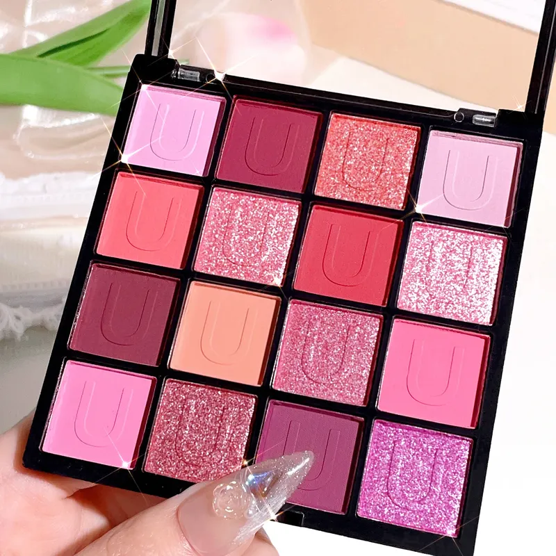 16-farbige lila Lidschatten-Palette, perlmuttfarbenes Glitzer-Pailletten-Finish, wasserfeste, mischbare Lidschatten-Kosmetik für Musikfestivals