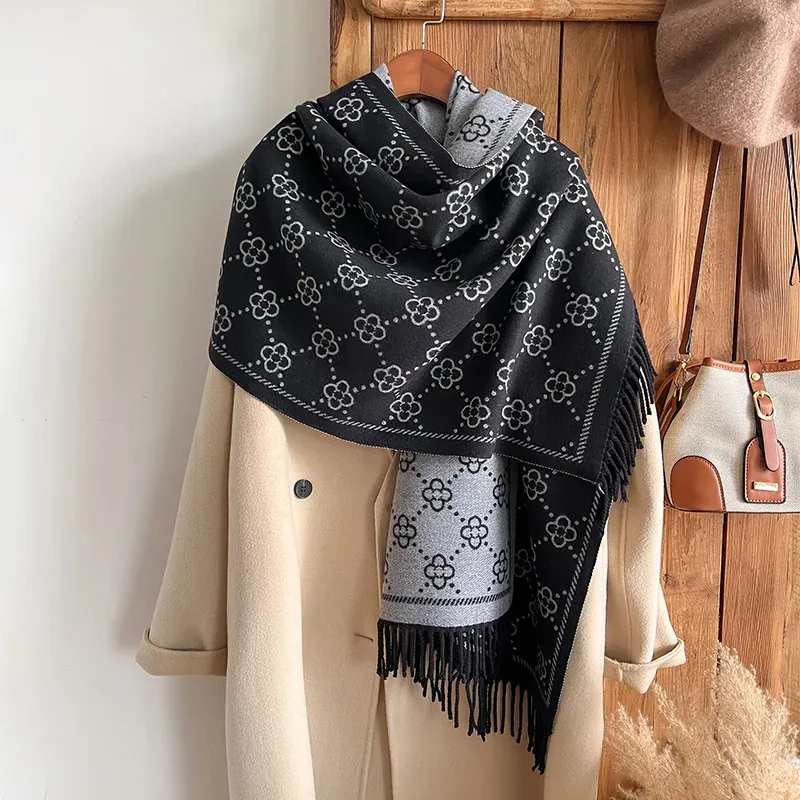 Marken-Jacquard-Design, zweiseitiger Winterschal, Kaschmir, weich, warm, lange Fransen, Pashmina-Schal, kältebeständig, winddicht, Deckenschal