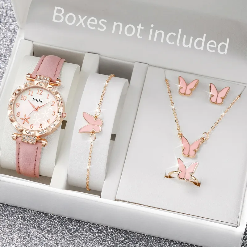 6 Teile/satz frauen Uhr Mode Blumen Leder Band Analog Quarz Uhren Schmetterling Schmuck Set (Ohne Box)
