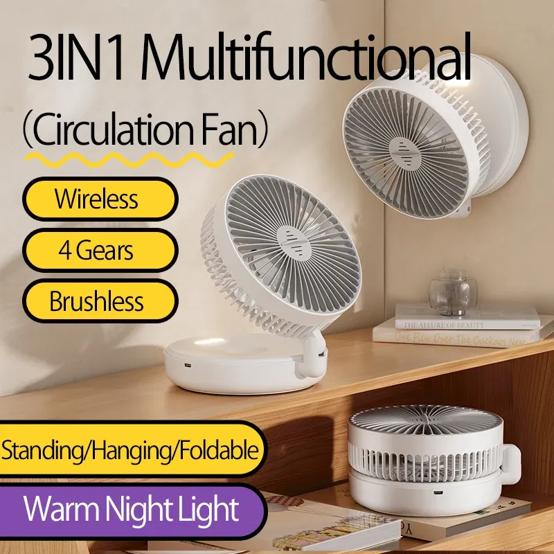 2024 Neuer Stil 5000 mAh kleiner tragbarer Ventilator, wiederaufladbarer Wandventilator 90 °   Faltbarer Tischventilator mit 4 Gängen und warmem Nachtlicht