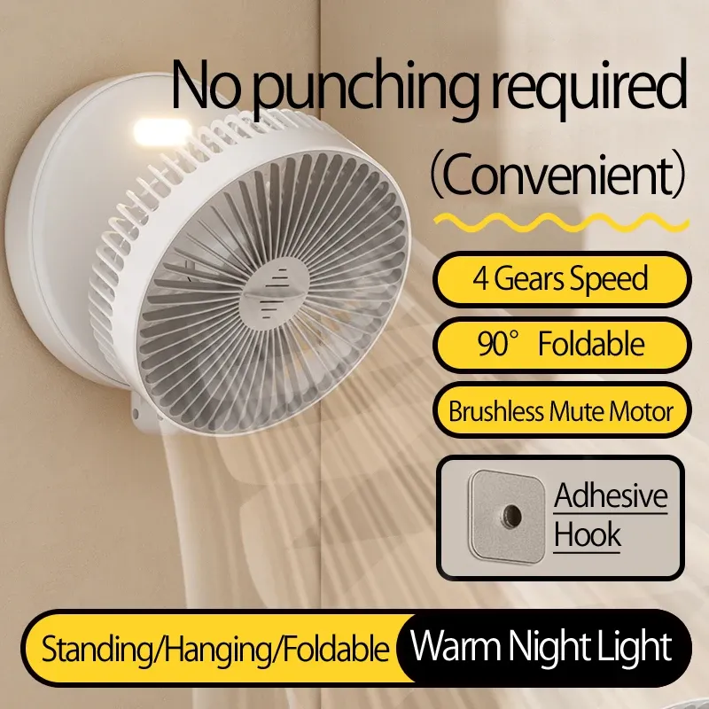 2024 Neuer 5000 mAh wiederaufladbarer 3IN1 multifunktionaler tragbarer Ventilator Wandventilator 90 °   Faltventilator mit 4 Gängen und warmem Nachtlicht