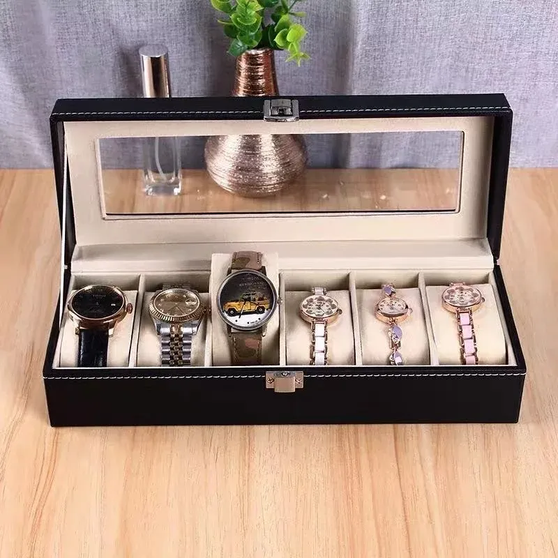 DELESYS Klassischer Stil 2/3/4/5/6/8/10/12/20 Slots PU-Leder Uhrenvitrine Organizer Schmuck Aufbewahrungsbox mit Glasplatte