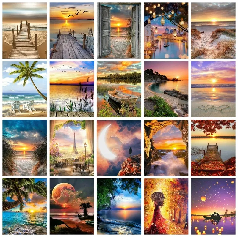 AZQSD Malen nach Zahlen, Landschaft, Sonnenuntergang, Meer, Acryl, handgemaltes Kits auf Leinwand, Tür, Zeichnung nach Zahlen, Heimdekoration, gerahmt