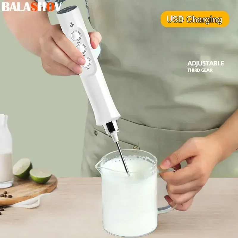 Elektrischer Milchaufschäumer, Schaumbereiter, Handschäumer, hohe Geschwindigkeiten, Getränkemixer, Kaffeeaufschäumstab, 3-in-1, tragbar, wiederaufladbar