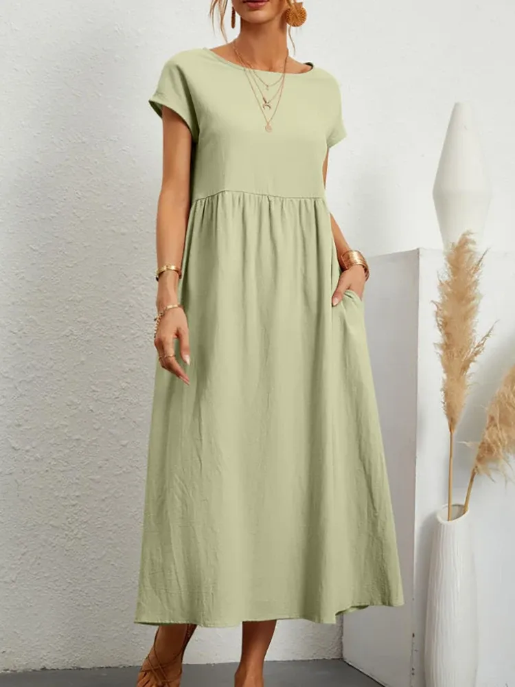 Frauen elegante solide Maxi kleid Sommer Kurzarm o Hals Vintage Harajuku Baumwolle Leinen lose Sommerkleid y2k Taschen langes Kleid