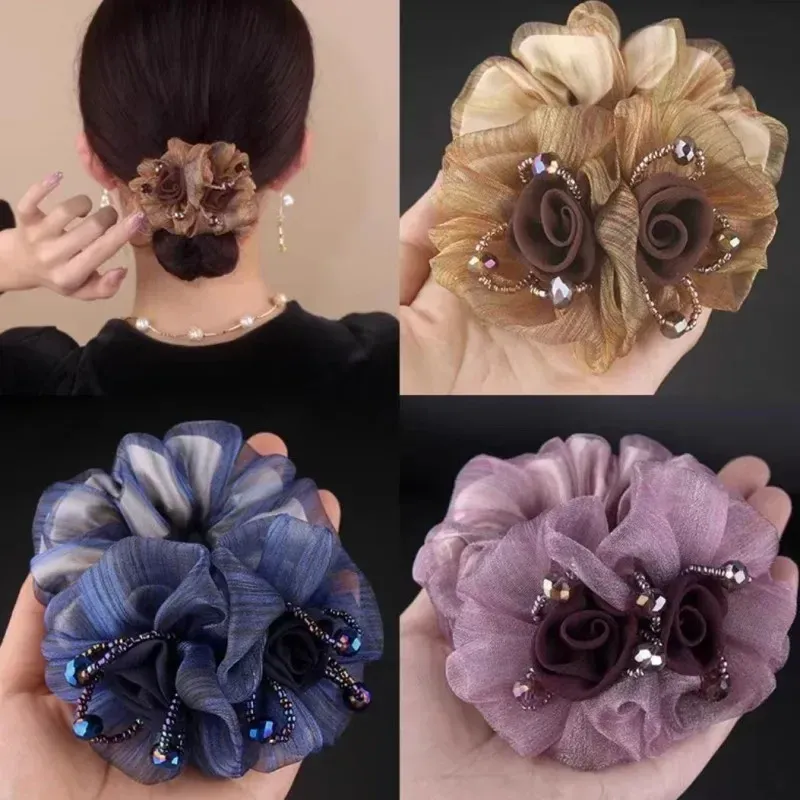 Gummiband Kopfschmuck Blume Haar Seil Elegante Frau Hochsteckfrisur Pferdeschwanz Elastische Große Scrunchie Haar Zubehör für Frauen