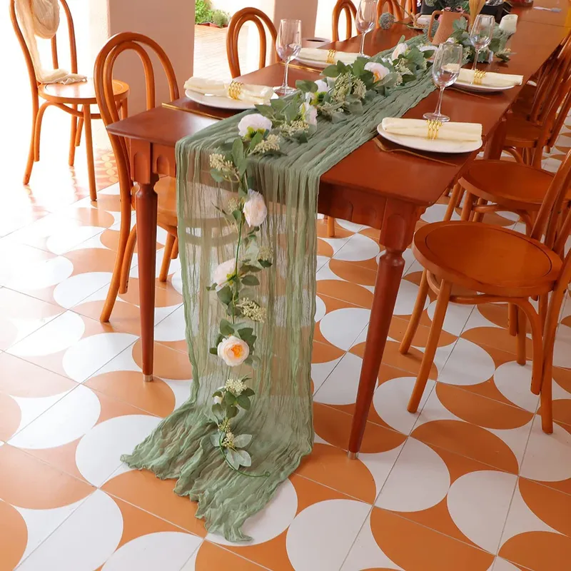 Halbtransparenter Gaze-Tischläufer, Salbei, Käsetuch, Tischdekoration, Esszimmer, Vintage, Hochzeit, Party, Weihnachten, Bankette, Bögen, Kuchendekoration