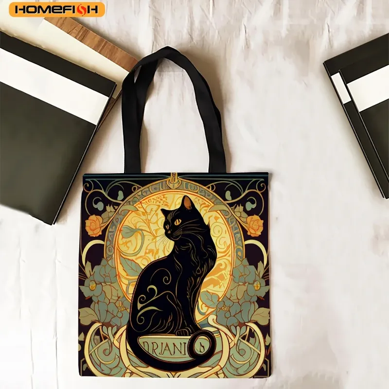 HOMEFISH Retro-Kunst Edle Schwarze Katzen-Tragetasche, Modische Schultertasche, Leichte Einkaufstasche für den Alltag aus Leinenstoff