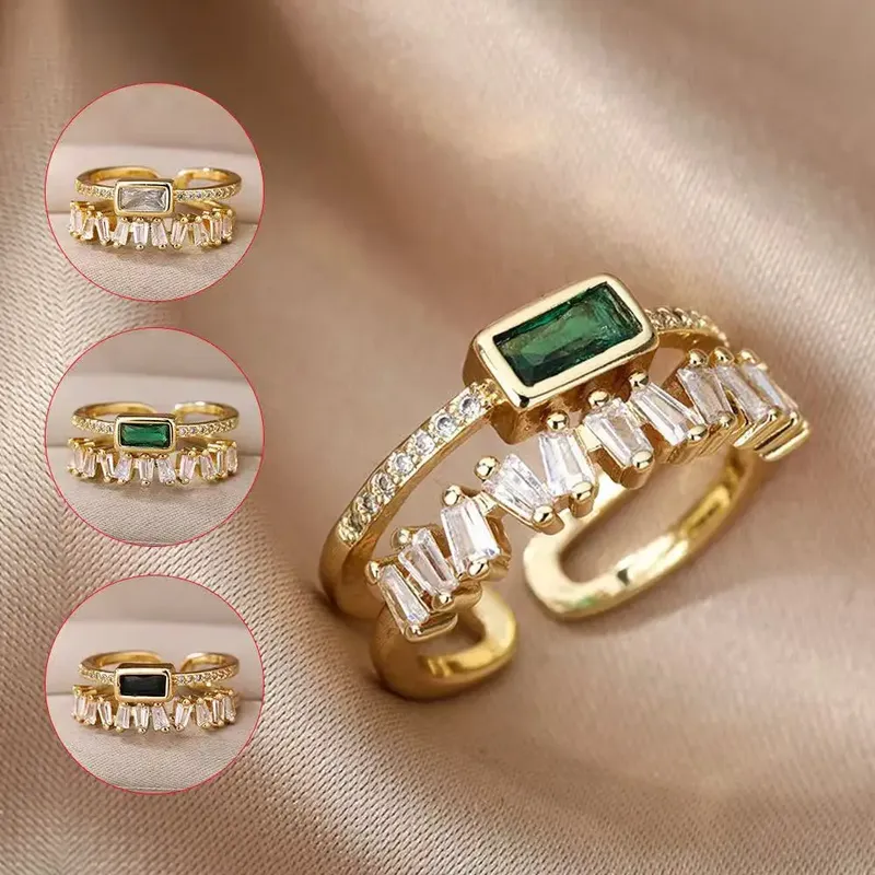 Klassischer, hellgrüner, doppellagiger Zirkonring im Retro-Stil, vergoldeter Damen-Ehering aus Messing als Geschenk für Mama und Liebhaber