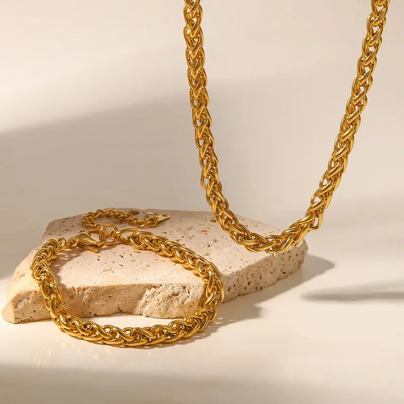 Edelstahl geometrische Kreis Korn Halskette Armband Schmuck Set für Frauen Gold Farbe Metall 18 Karat plattierten Kragen