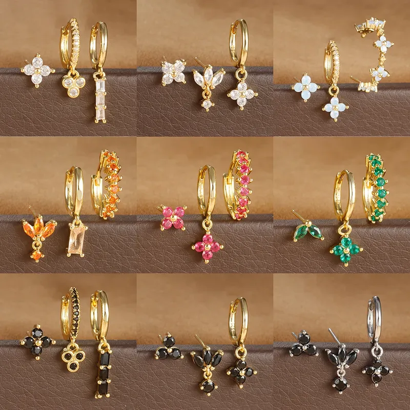 3PCS Edelstahl Mehrfarbige Kristall Creolen Set Für Frauen Zirkon 18K Gold Überzogene Huggie Anhänger Piercing Schmuck