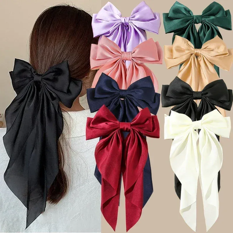 Koreanische Accessoires Haarspangen für Frauen Mädchen Big Bowknot Solide Satin Lange Band Bögen Frühling Klemme Barette Cheveux Femme 2023