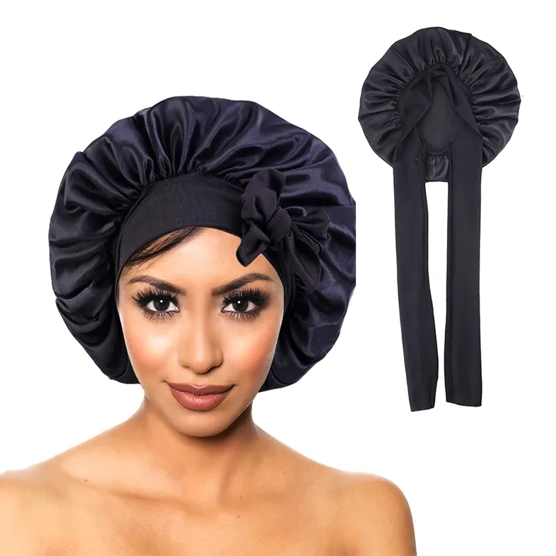Neue Frauen Satin Solide Schlafen Hut Seidige Bonnets Mit Krawatte Bands Elastische Dusche Kappe Verstellbare Kappe Für Lockiges Haar Bonnets