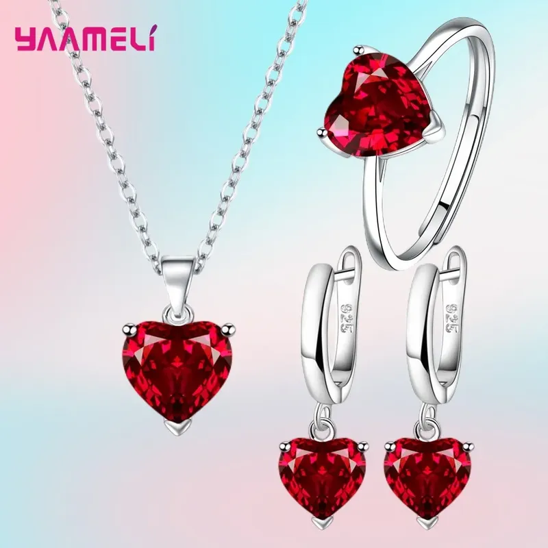 Feine 925 Sterling Silber Farbe Schmuck Geschenk Sets für Frauen Weibliche Romantische Herz Zirkon Huggie Ohrringe Anhänger Halskette Ring
