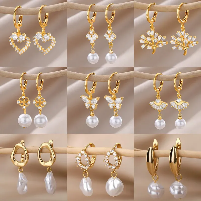 Zirkon Natürliche Perle Ohrringe Für Frauen Vergoldet Edelstahl Geometrische Hoop Perle Ohrring Hochzeit Brautjungfer Schmuck Geschenk