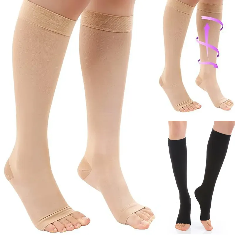 Medizinische Waden-Kompressionsstrümpfe, Krampfadern, formende, abgestufte Druckstrümpfe, elastische, kniehohe Strümpfe mit offener Spitze, S-XL
