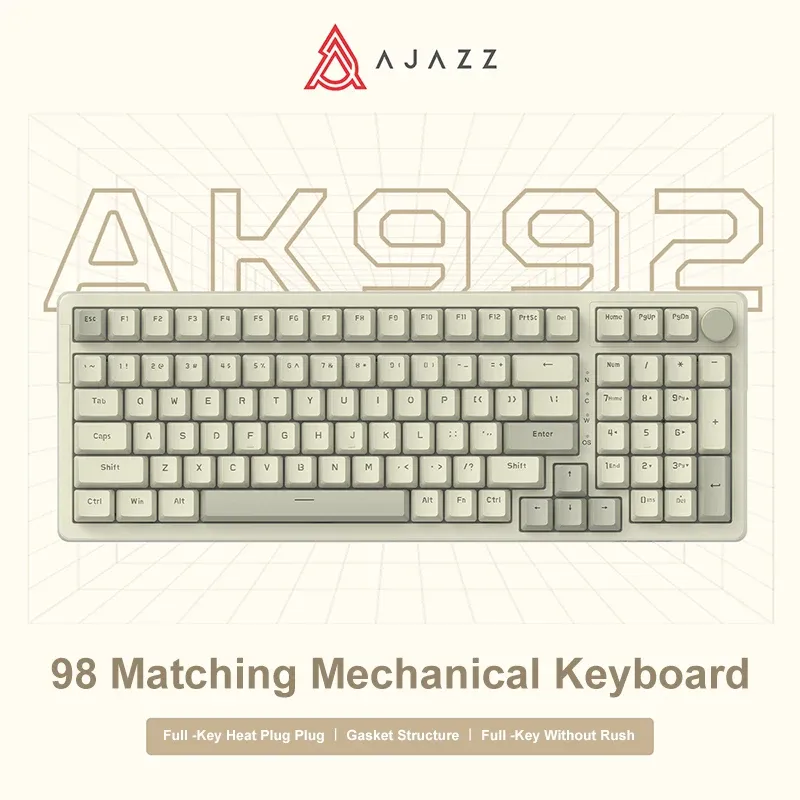 Ajazz AK992 Kabelgebundene mechanische Tastatur, 98 Tasten, vollständiges Layout, Hot-Swap-USB-Gaming-Tastatur, Multimedia-Schlüsselknopf für Desktop-PC, Laptop