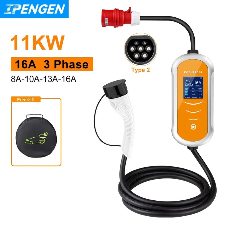 IPENGEN EV-Ladegerät 16 A 11 kW Typ 2 IEC-62169 CEE-Stecker Strom einstellen Timer EVSE-Aufladung für Hybrid-Elektrofahrzeugautos ﻿