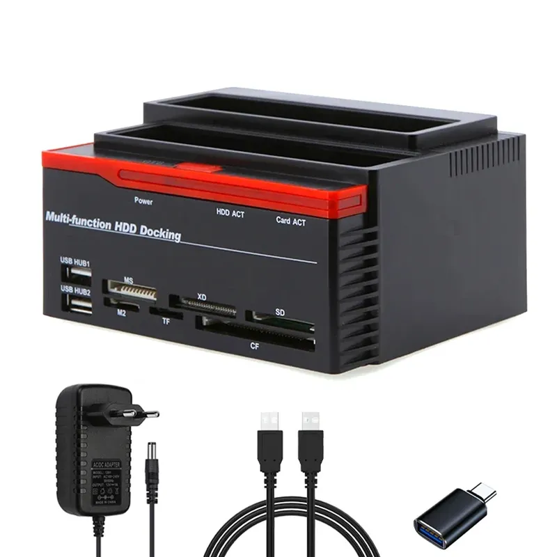 Festplatten-Dockingstation für 2,5 3,5 Zoll SATA IDE HDD SSD-Lesegerät Dual Slots Externes Festplattenbox-Gehäuse Sata-zu-USB-Adapter