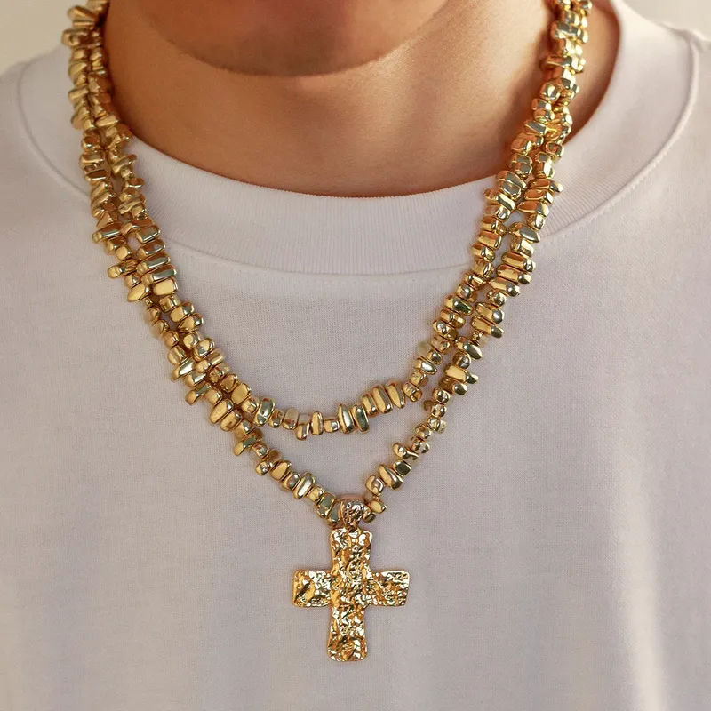 Ingemark 2 Teile/satz Kreative Unregelmäßige CCB Perlen Kette für Männer Trendy Goth Kreuz Jesus Anhänger Halsband Grunge Schmuck Steampunk Neue