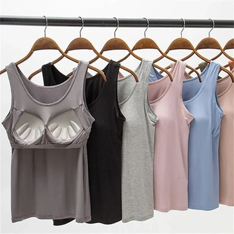 2023 frauen Weste Tops mit Gebaut In Bh Hals Weste Einfarbig Gepolsterte Slim Fit Tank Tops Sexy Shirts feminino Casual Tank Tops