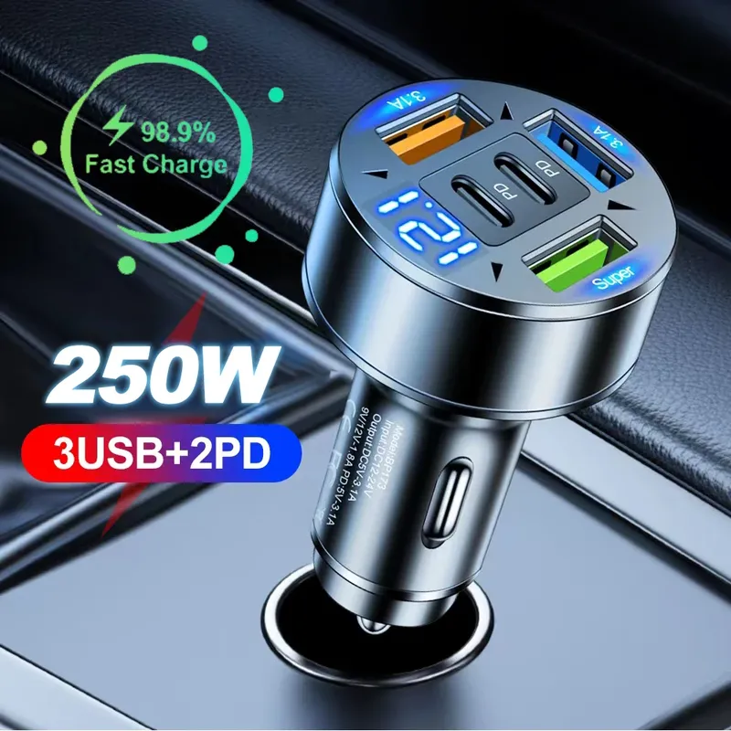 250w 5 Ports Auto ladegerät Schnell ladung pd qc 3,0 usb c Autotelefon Ladegerät Adapter mit Spannung für iPhone Samsung Huawei Xiaomi