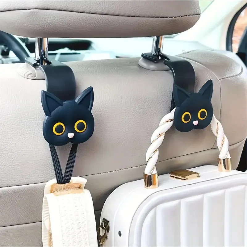2 Stück entzückende 3D-Cartoon-Katzen-Autositz-Kopfstützenhaken – universeller Fahrzeug-Aufbewahrungsorganisator für Handtaschen, Geldbörsen, Mäntel – süßes Ca