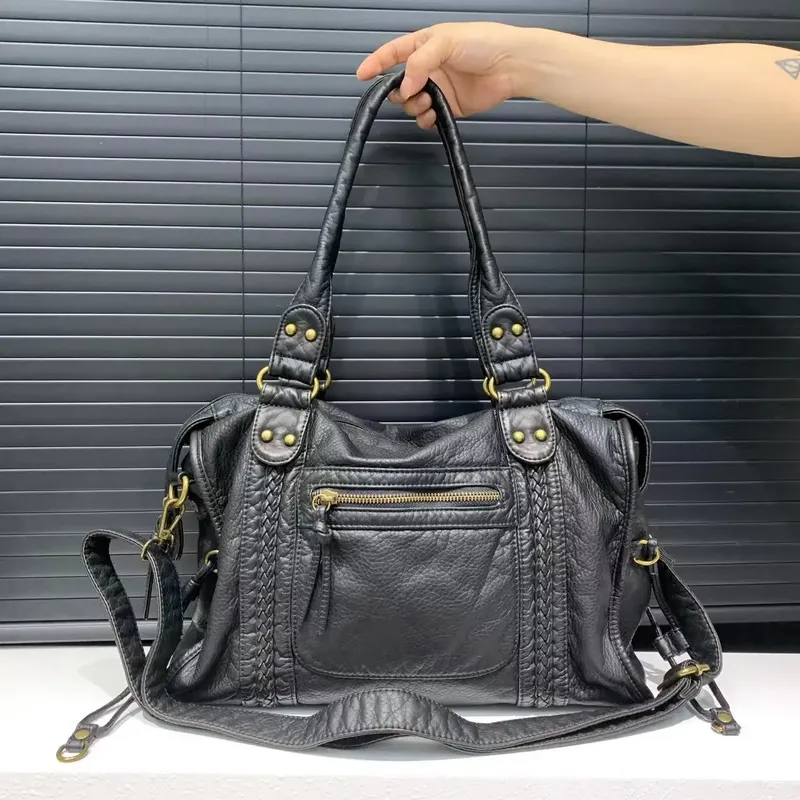 Y2K Spicy Girl One Shoulder Umhängetasche Vintage gewaschenes Leder weiches Leder Motorradtasche große Kapazität Tasche
