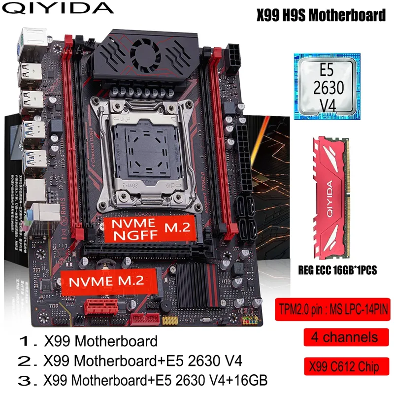 QIYIDA X99 H9S Motherboard Set Kit mit LGA2011-3 Xeon E5 2630 V4 CPU DDR4 16 GB REG ECC Speicher NVME M.2 TPM 2.0 Schnittstelle SATA3