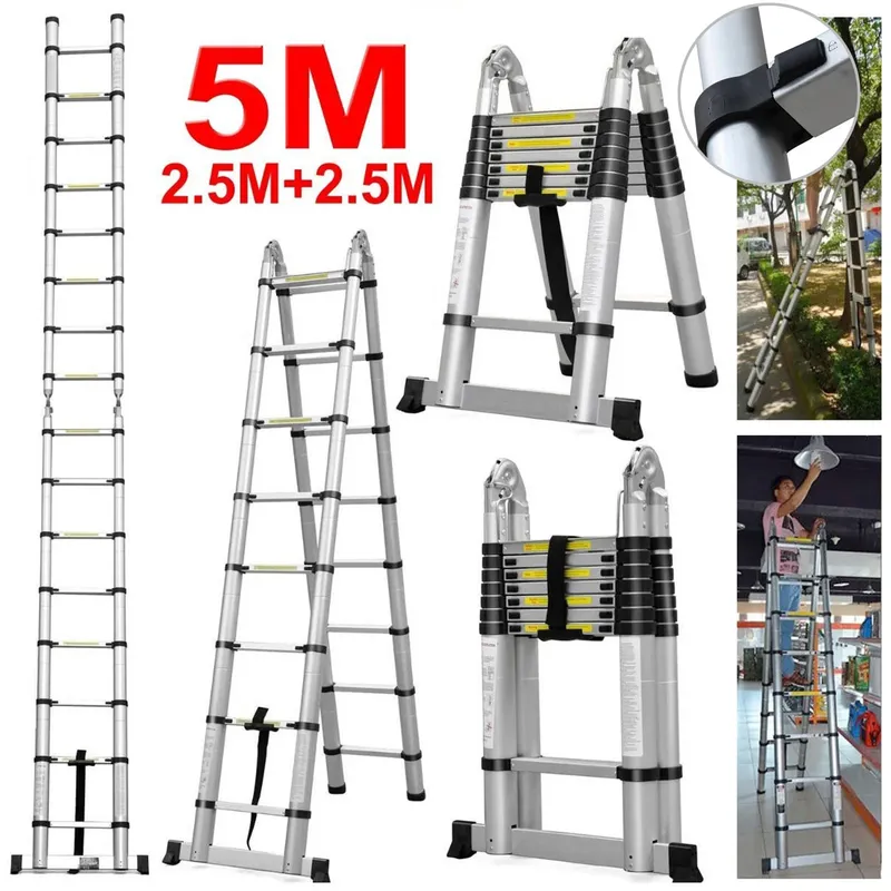16,5 Fuß (8,2 Fuß + 8,2 Fuß)/5 m Mehrzweck-Teleskopleiter aus Aluminium, ausziehbare Klappleiter, rutschfeste Stufen, 150 kg Tragfähigkeit