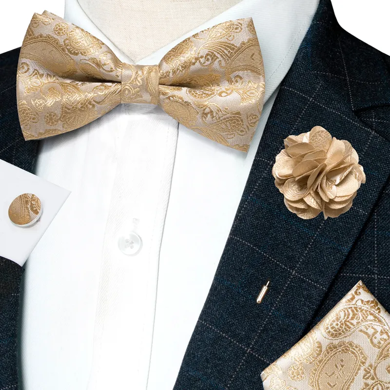 Champagner-Seiden-Jacquard-Paisley-Fliege für Herren, Brosche, Einstecktuch, Manschettenknöpfe-Set, vorgebundene Fliege mit Schmetterlingsknoten für Männer, Hochzeit, Geschäft