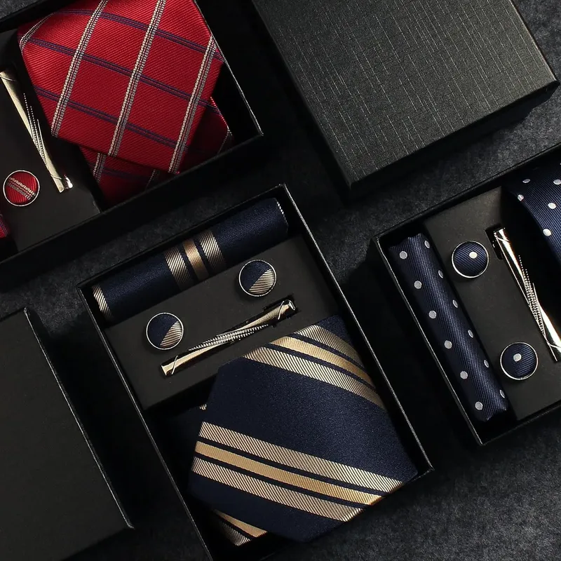 Top Qualität 8 cm Herren Krawatte Set Elegante Jacquard Krawatte Einstecktuch Manschettenknöpfe Krawattenklammer Mit Geschenkbox Männer passen Hochzeit Business