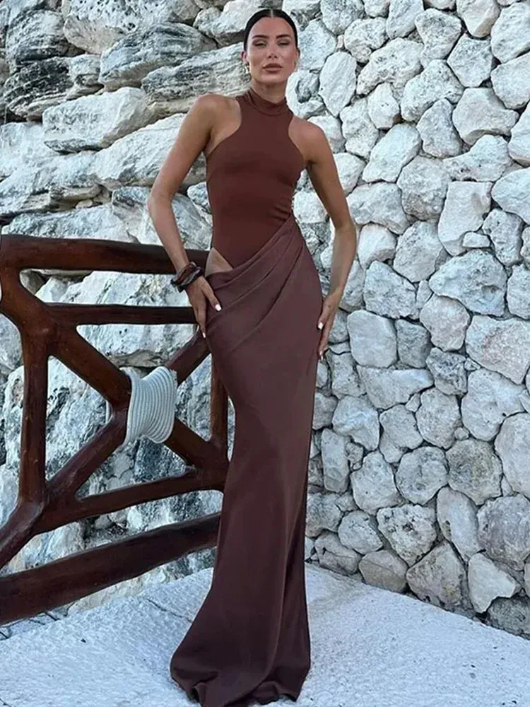 JULISSA MO Satin Sexy Aushöhlen Frauen Maxi Kleid Schwarz Ärmellose Hohe Taille Kleid Weibliche Herbst Dünne Elegante Party Clubwear