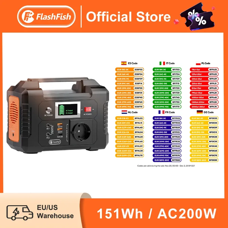 FF Flashfish 200 W tragbares Kraftwerk 151 Wh Solargenerator 230 V AC DC Batterien liefern Außenbatterien für Solarpanel-Drohnen