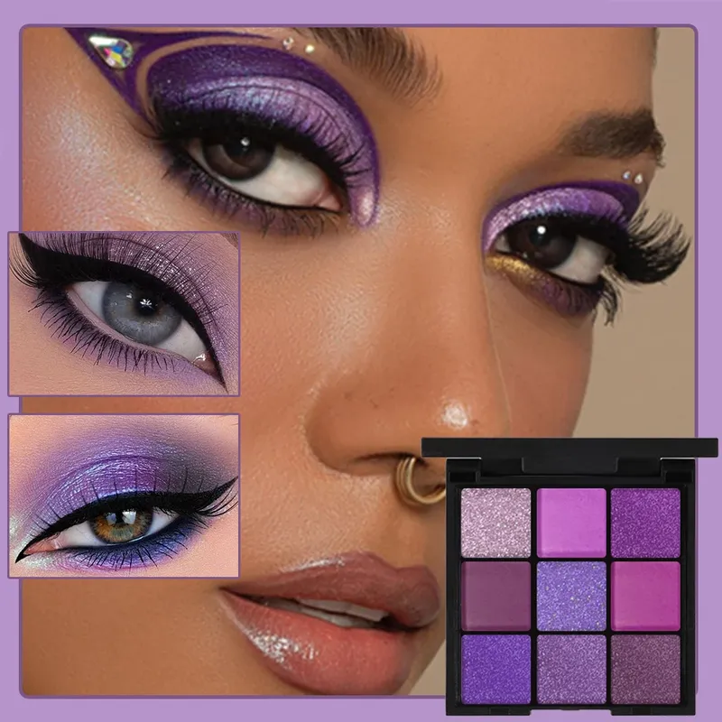 9-Farben-Lidschatten-Palette, matt, schimmernd, glitzernd, lila, grau, rauchiger Stil, Cosplay, Musik, Festival, Make-up für einen glamourösen Look