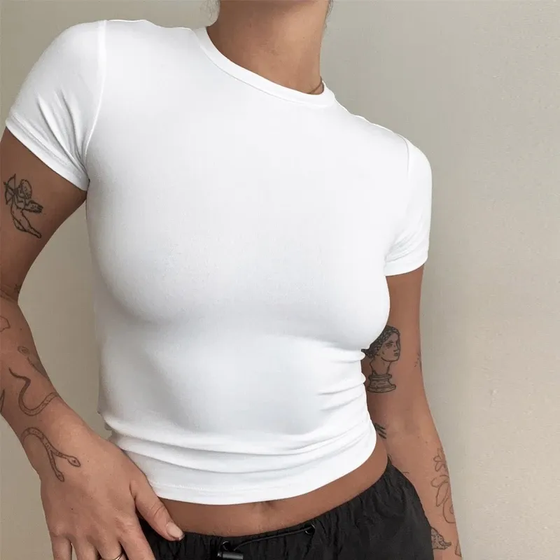 Frau Kleidung Kurzarm T-shirt Slim Fit Tops Weibliche Oansatz Gestrickte Mantel T-shirt Straße Tragen Sex Sportliche 2024 Y2K New2410