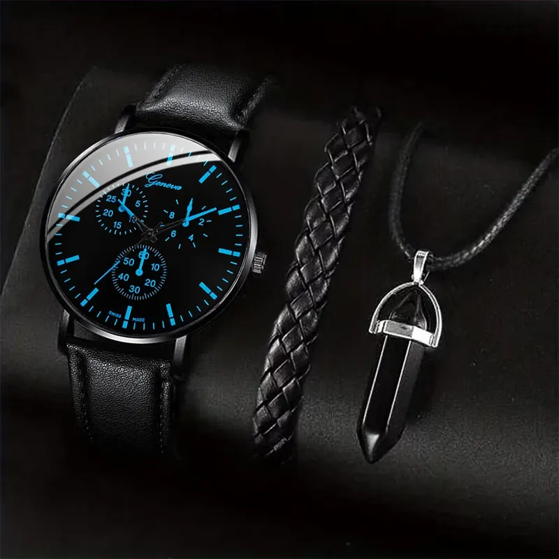 3 Teile/satz Männer Business Uhren Casual Leder Band Analog Männlichen Quarzuhr Halskette Armband Set