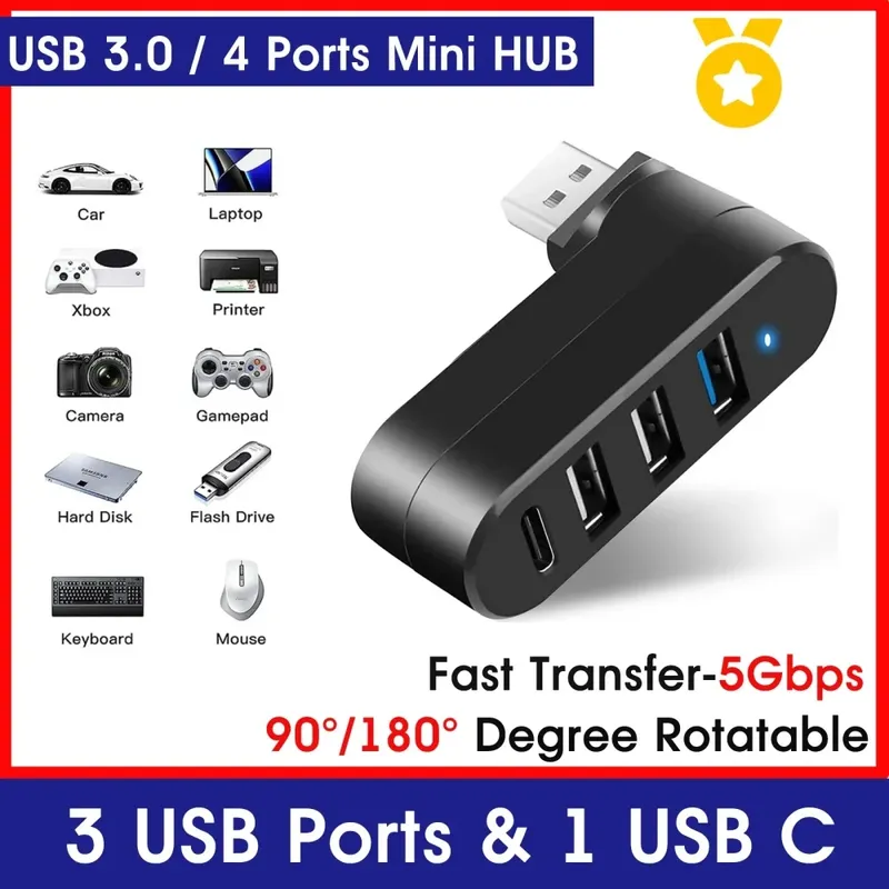 Mini-Splitter, 4 Anschlüsse, USB-Hub 3.0, Box, drehbar, USB-Datenübertragung, mehrere Expander für Computer, Laptop, MacBook, PC-Zubehör