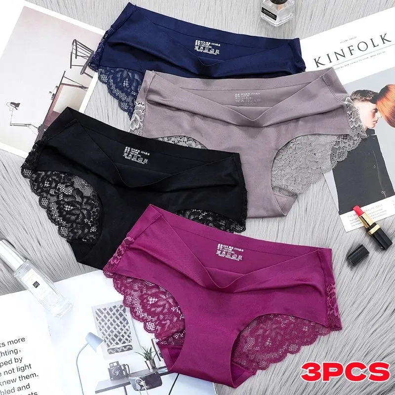 3-teiliges Spitzen-Damenunterwäsche-Set Französische Nahtlose Unterwäsche Eisseide Slips Einfarbige Atmungsaktive Unterhosen Lingerie