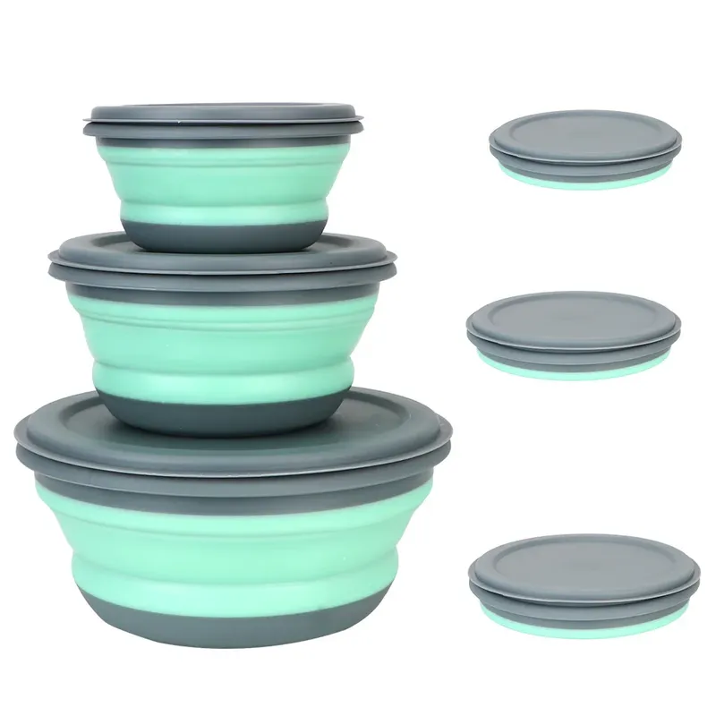 3 teile/satz Silikon Klapp Lunch Box Mit Deckel Tragbare Picknick Camping Schüssel Set Küche Geschirr Kit Faltbare Obst Salat Schüssel