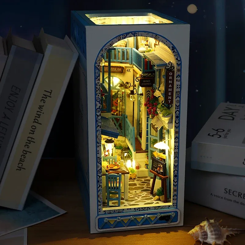 DIY Buch Nook Kit Buchstütze Kit Holz Puppenhaus Bücherregal Einsatz Dekor mit warmem Licht 3D Puzzle Montage Gebäude Modell Geschenke