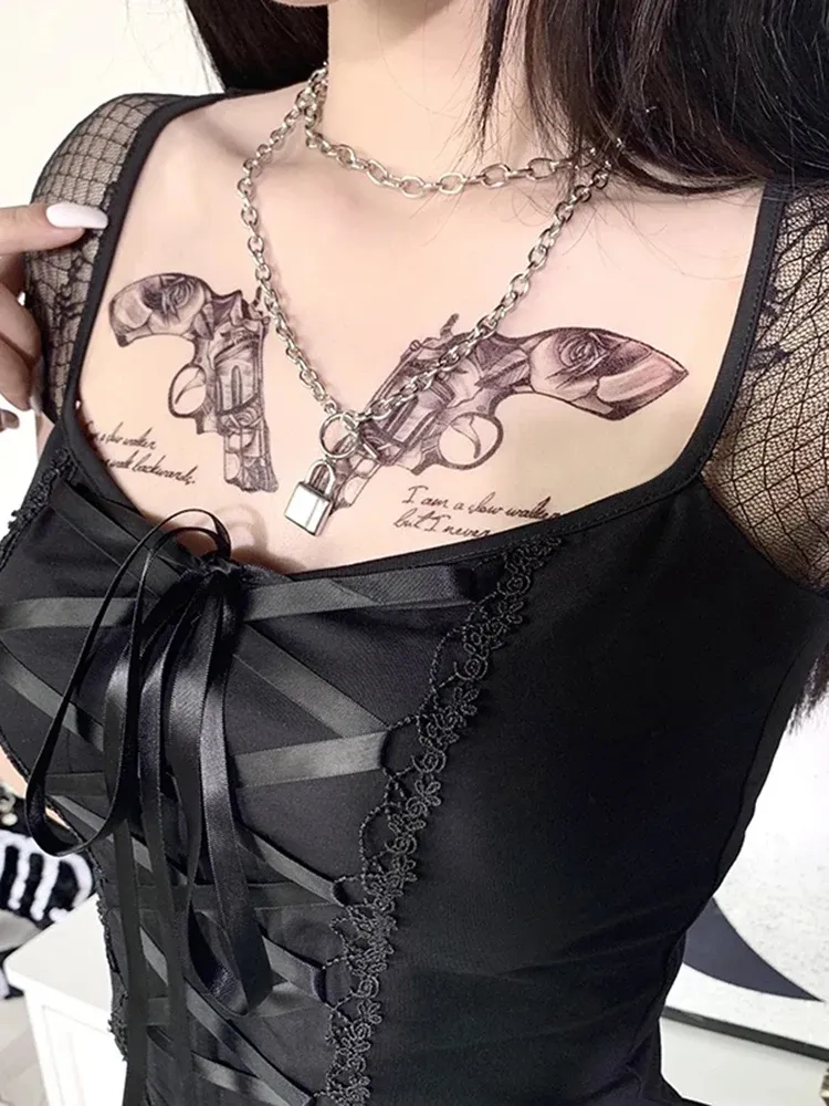 Frauen Vintage Gothic T-shirt Bodycon Verband Spitze Schwarz Mesh Top Sexy Casual Gothic Streetwear Weibliche Top
