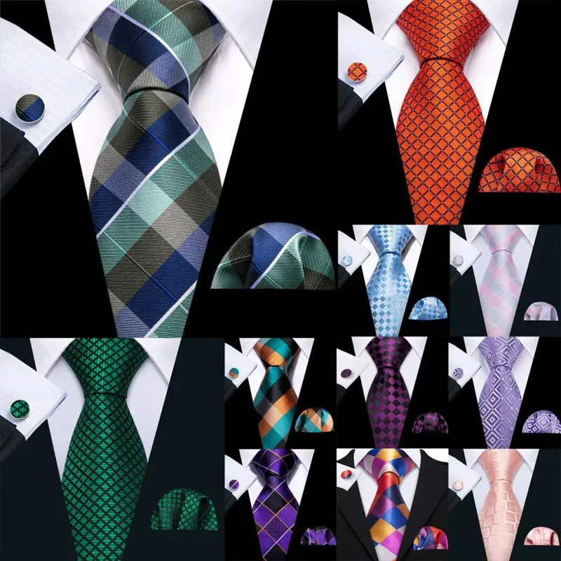 Barry.Wang Karierte Herren-Krawatte, Einstecktuch und Manschettenknöpfe Set, karierte Jacquard-Krawatte für Herren, formell, lässig, Hochzeit, Business-Party