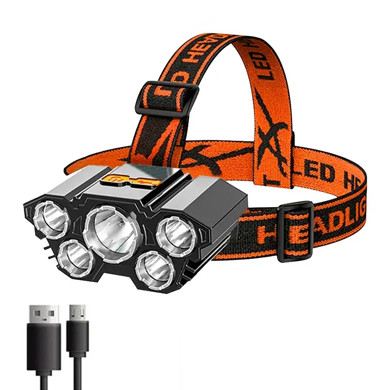 5 LED-Stirnlampe, wiederaufladbare Taschenlampe mit integriertem 18650-Akku, starkes Licht, Camping, Abenteuer, Angeln, Stirnlampe