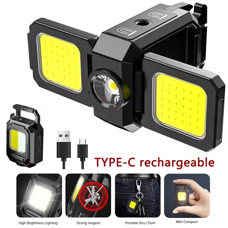 Taschenlampe Mini Schlüsselanhänger Licht COB Arbeitslicht USB wiederaufladbare Lampe mit 90er °   Faltbare Seitenlichter, superhelle tragbare Laternen