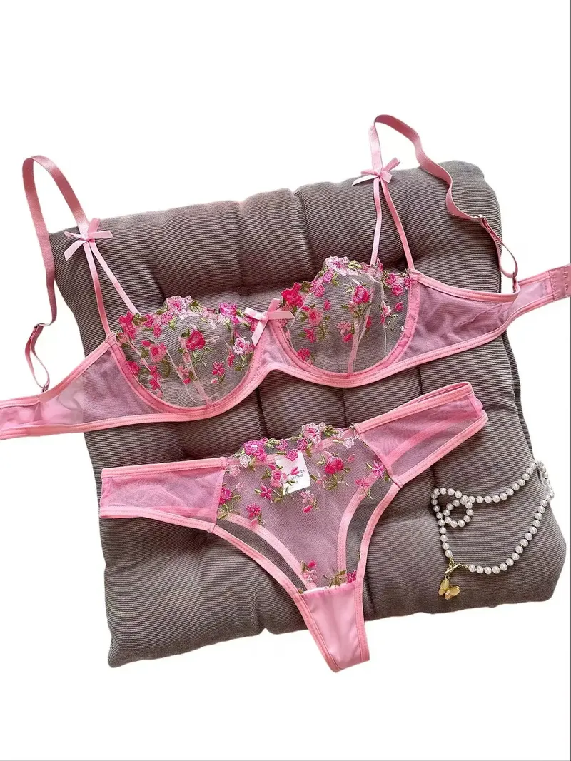 Nacht schöne sexy Frauen 2-teilige Blumenstickerei Unterwäsche Sexy erotische Dessous Unterwäsche Set