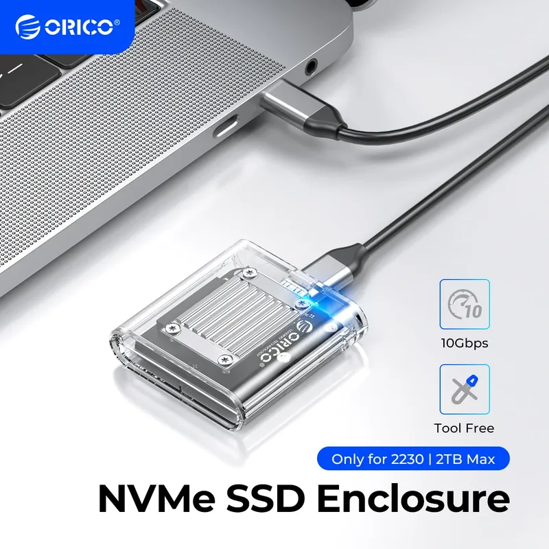 ORICO-NVMe Gehäuse für PCIe SSD, transparenter externer Adapter M.2 auf USB Typ C Mini 2230 M.2 SSD-Gehäuse, 10 Gbit/s